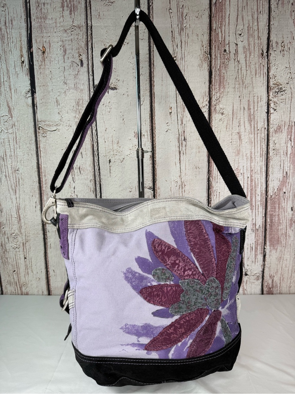 Lucky Brand Y2K Floral Embroidered Canvas Suede Leather Crossbody Tote Bag Purse
